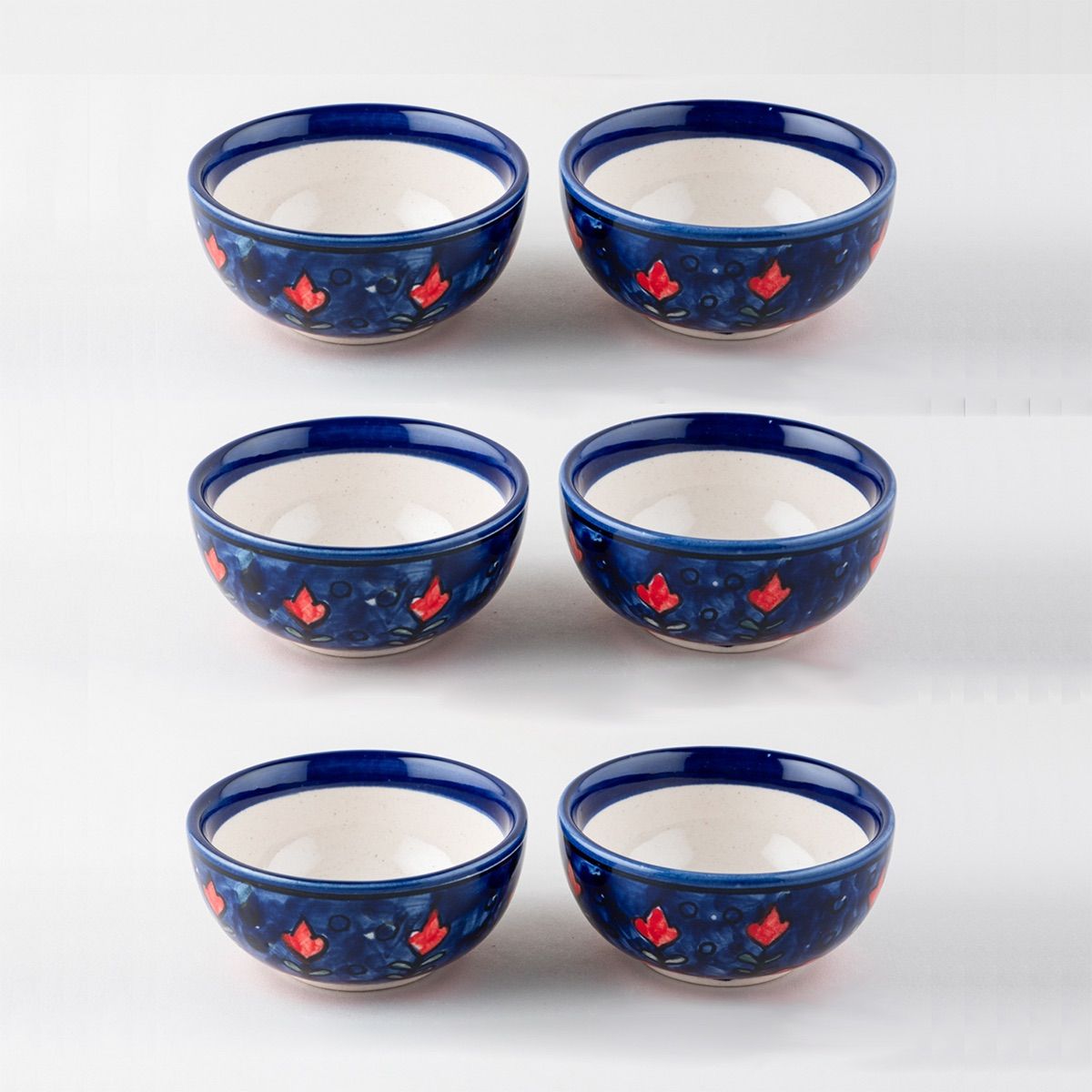 Blue & Red Ceramic Katori Bowl / Portion Bowl Set of 6 (220 ML)
