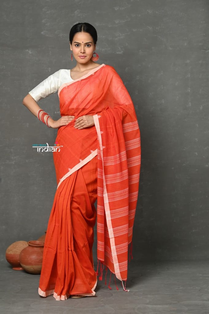 Tyohaar ~ Pure Cotton Handloom Saree with Buttis & Sleek Border - Red - Sarees | Buy online on ZillyBuy