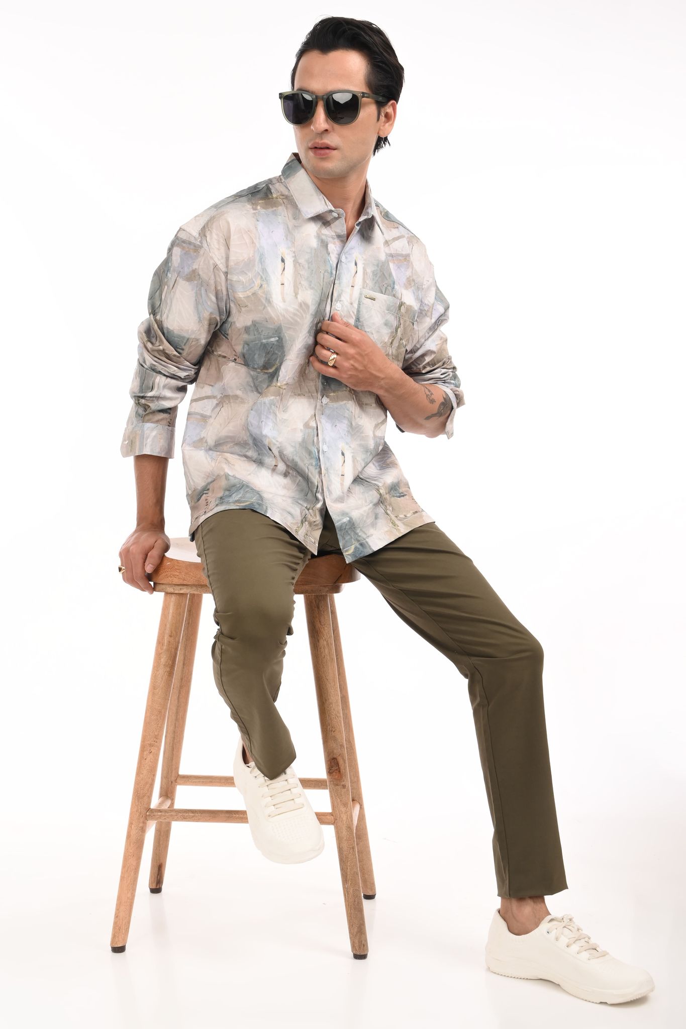 Grey Multicolor Digital Printed Textured Shirt-S / Multicolor