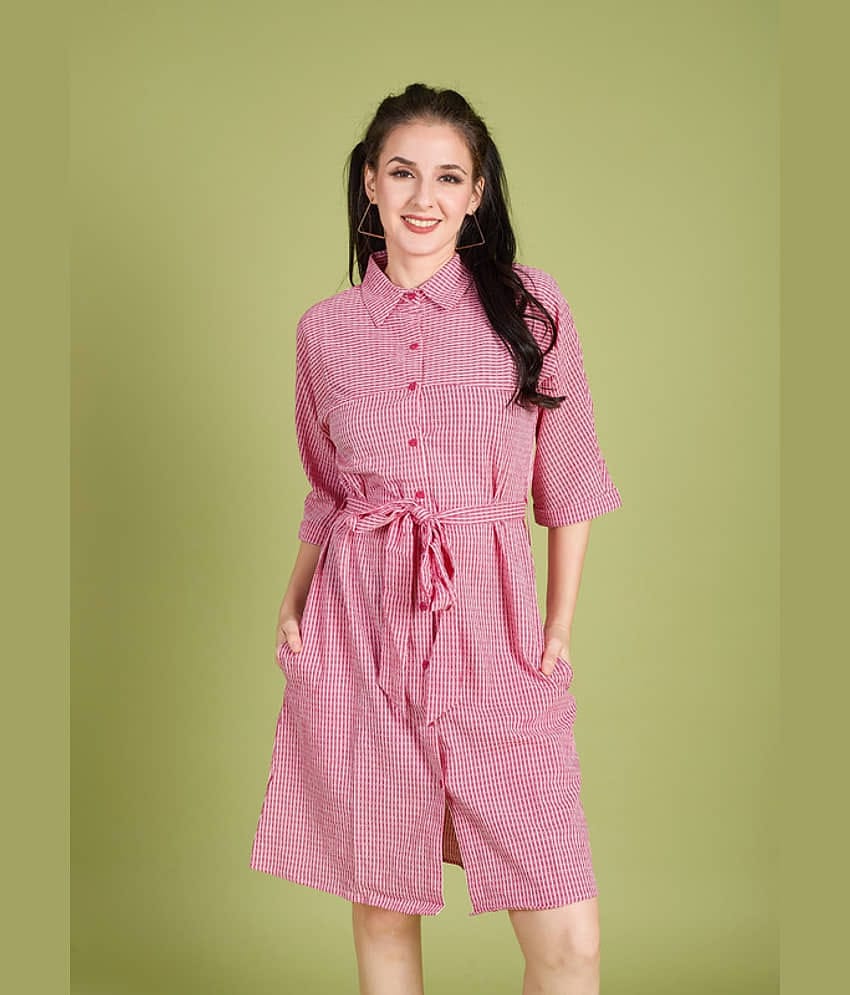Mantra Fashion Women's Pink and White micro Stripes Belted Shirt Dress ( Pack of 1 )