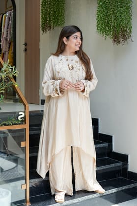 Anam Beige Embroidered Detailing Co ord Set-M