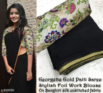 Beautiful Black color Georgette Gold Patti Embroidered Sari MS-23 Black