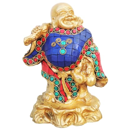 Brass Laughing Buddha Turquoise Coral Finish Statue, Height : 7 Inch (BSMAS778 A)