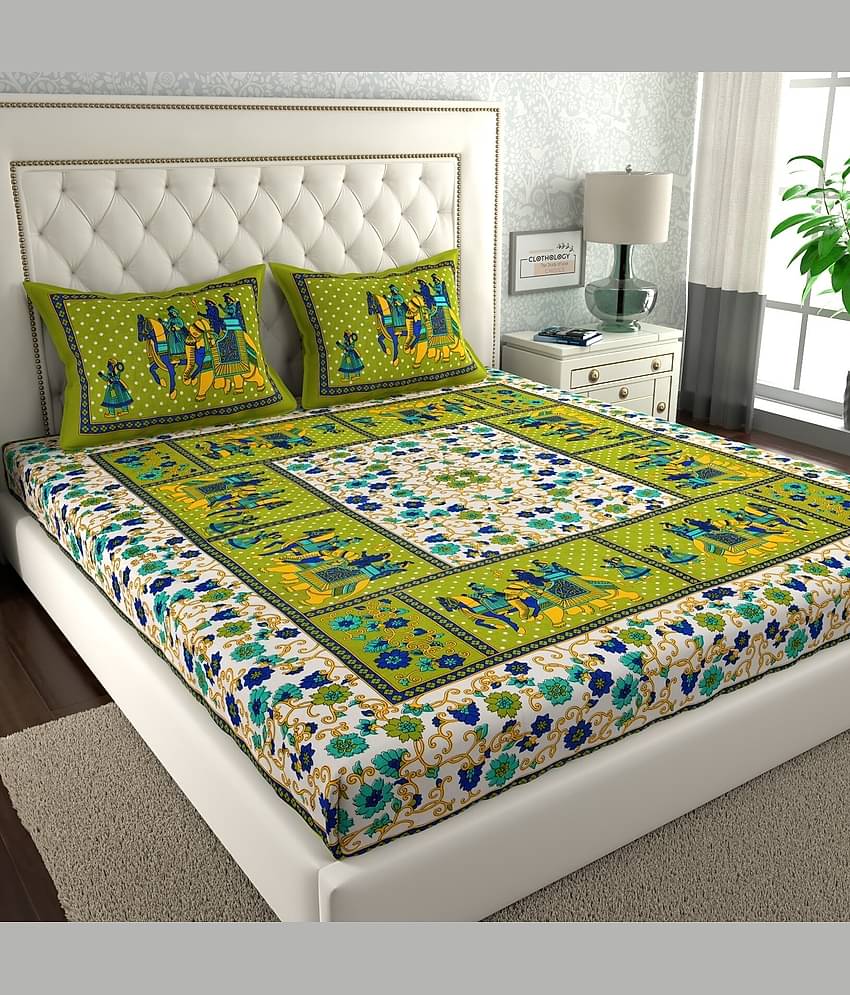 ABHACLOTHO Cotton 1 Double Bedsheet with 2 Pillow Covers ( Green )