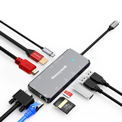 Honeywell 10-in-1 Type C Dock with Dual 4K HDMI, 1GBPS RJ45 Ethernet Port, 2xUSB 3.0, 1xUSB 2.0 & Type C 3.0 PD100W, VGA port, SD & MicroSD Slot, for All Type C Devices- Windows/MacBook