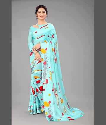 Sanwariya Silks Georgette Printed Saree With Unstitched Blouse Piece ( SkyBlue )