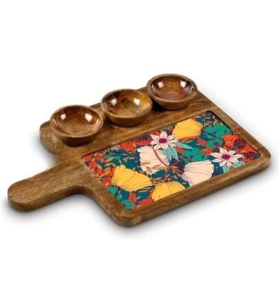 Wooden Serving Platter Mango Wood Platter Tray Printed Serving Platter with Handle Appetizer Plate Snacks Serving Platter with 3 Bowls, 16 X 10 inches Wooden Serving Platter Mango Wood Platter Tray Printed Serving Platter with Handle Appetizer Plate Snacks Serving Platter with 3 Bowls, 16 X 10 inches