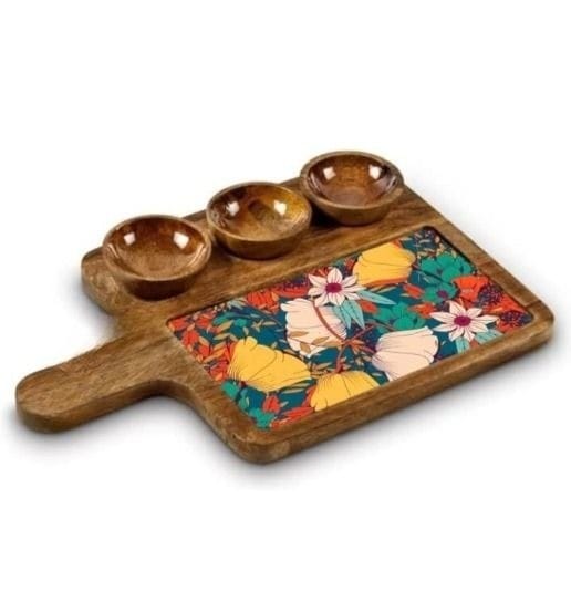 Wooden Serving Platter Mango Wood Platter Tray Printed Serving Platter with Handle Appetizer Plate Snacks Serving Platter with 3 Bowls, 16 X 10 inches