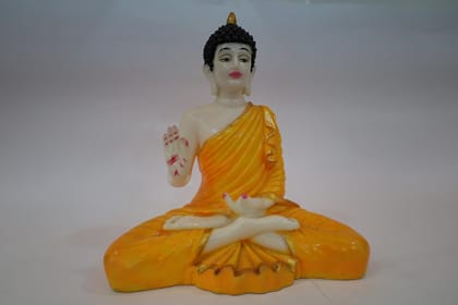 Decorative Buddha Statue, Orange Saffron Robe, White Porcelain, Meditation Pose, Spiritual Home Decor, Traditional Asian Art