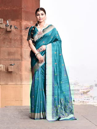 Green Pure Tussar Silk Floral Designed Embroidery Saree