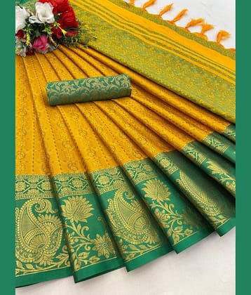 Apnisha Cotton Silk Embellished Saree With Unstitched Blouse Piece ( Mustard )