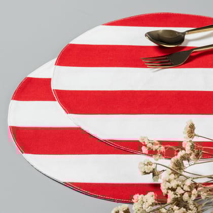 Red and White Set of 2 Cotton Patchwork Table Mat - 13x13-13x13 inches / 100% Cotton Canvas / White / Red