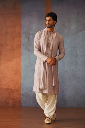 Chaitanya - Mauve Purple Mirror Work Kurta Set with Patiyala and Dupatta-XS/34