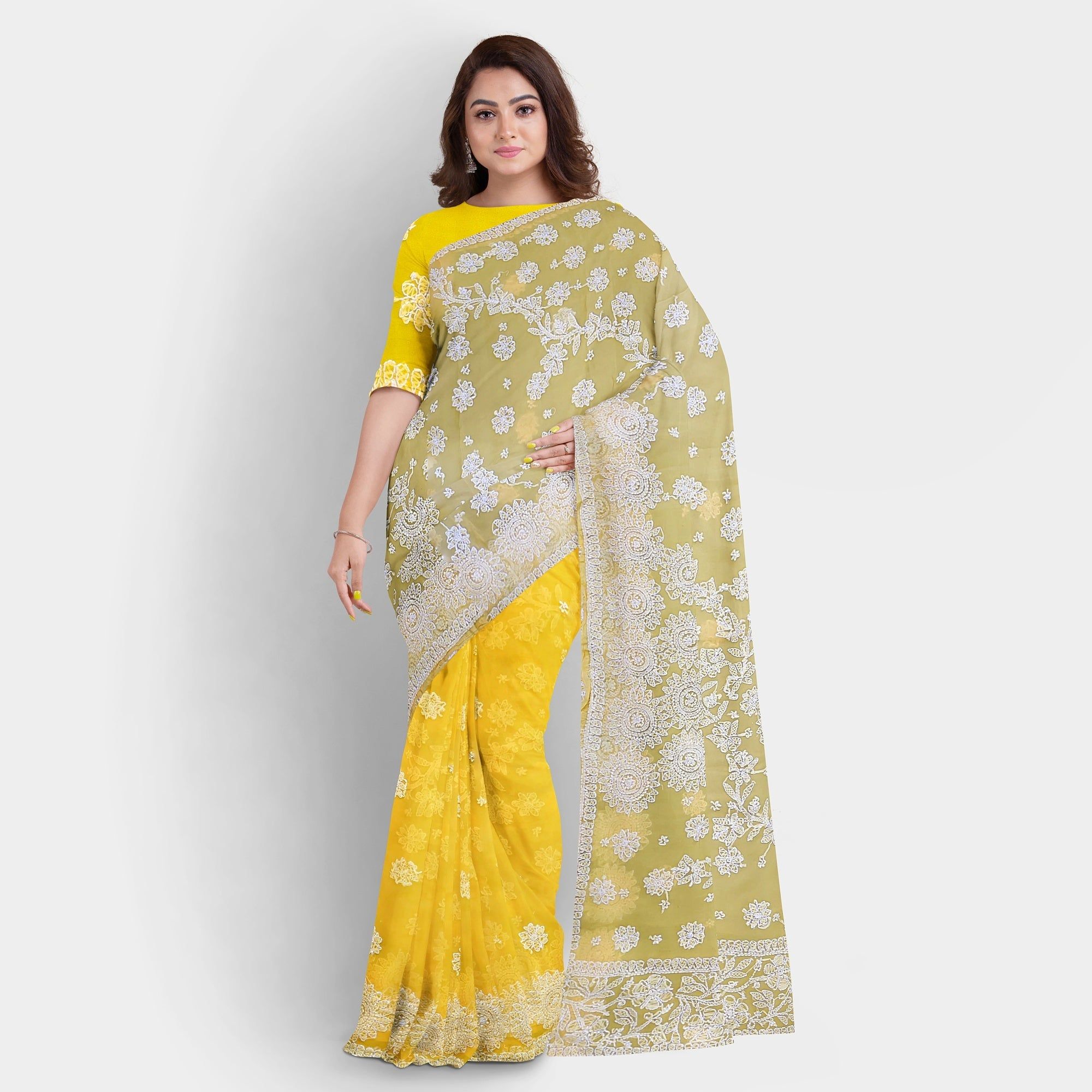 TheHangr Hand Embroidered Yellow Georgette Lucknowi Chikankari Saree With Blouse