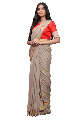 Generic Women's Vichitra Saree with Blouse (Chiku, 5 - 6 Mtrs)