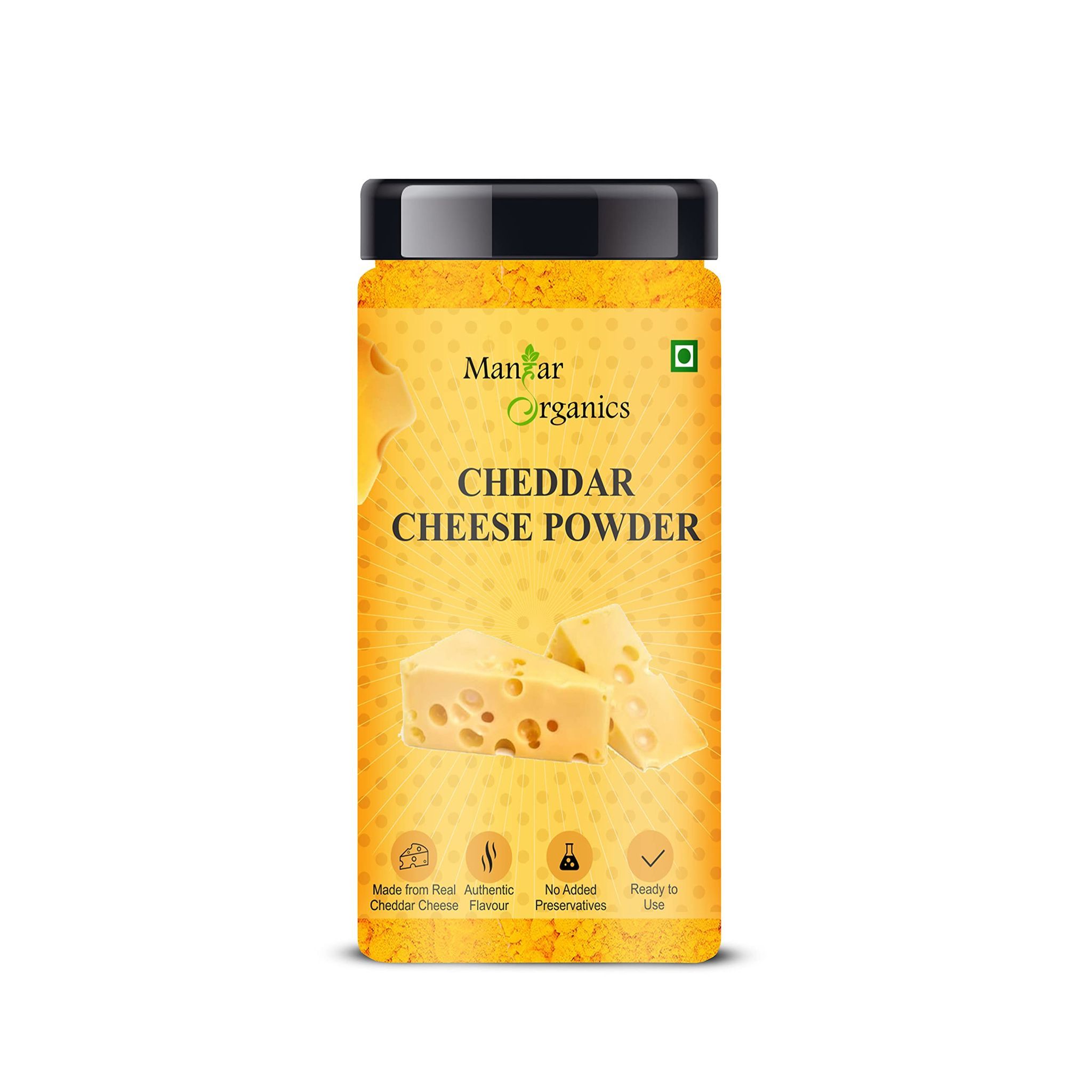 ManHar Organics Cheddar Cheese Powder Jar 125gm | Bold & Creamy Taste | For Popcorn, Sauces, Pasta, Baking & Seasoning | Ready-to-Use