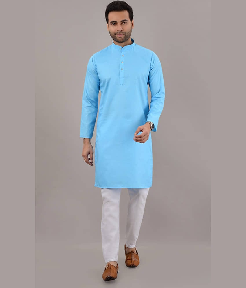MOUDLIN Sky Blue Cotton Blend Regular Fit Men's Kurta Pyjama Set ( Pack of 1 )