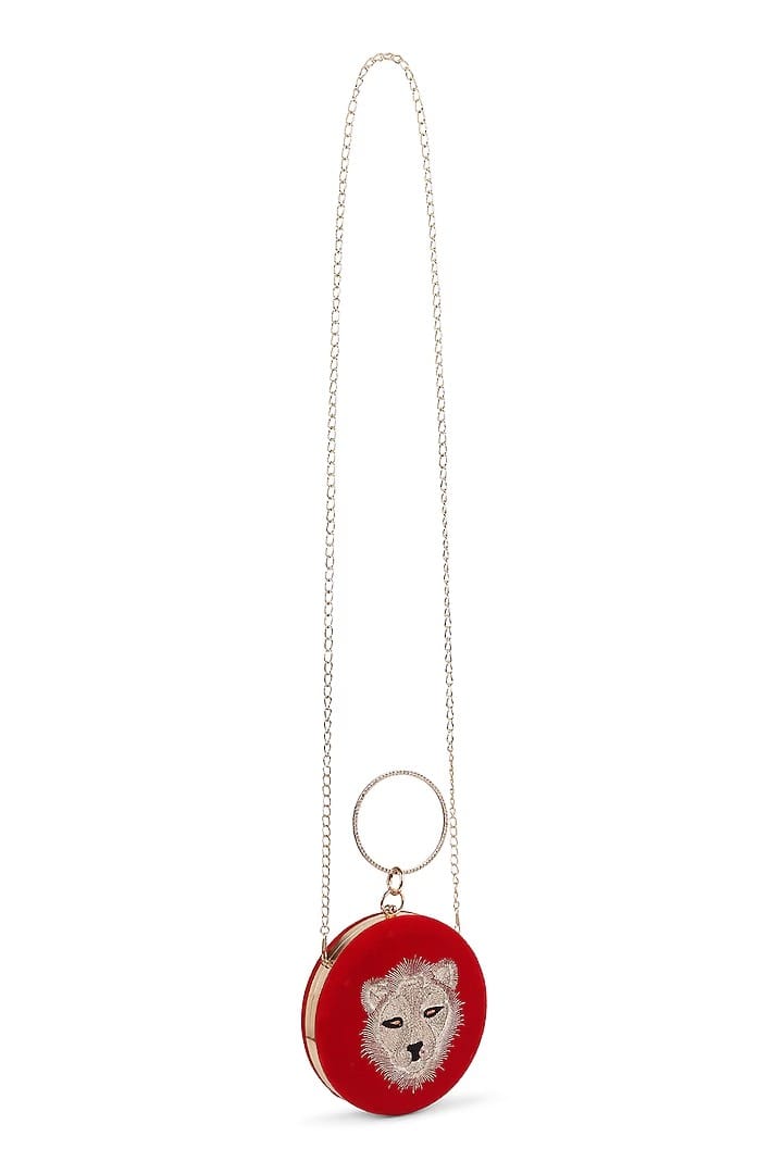 Red Velvet Tiger Zardosi Embroidered Clutch