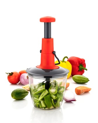 Varo 2-in-1 Hand Press Push Chopper | Manual Chopper with 4 Precision Blades for Effortless Vegetable & Fruit Cutting 1000ML Capacity | Sleek Blue Design