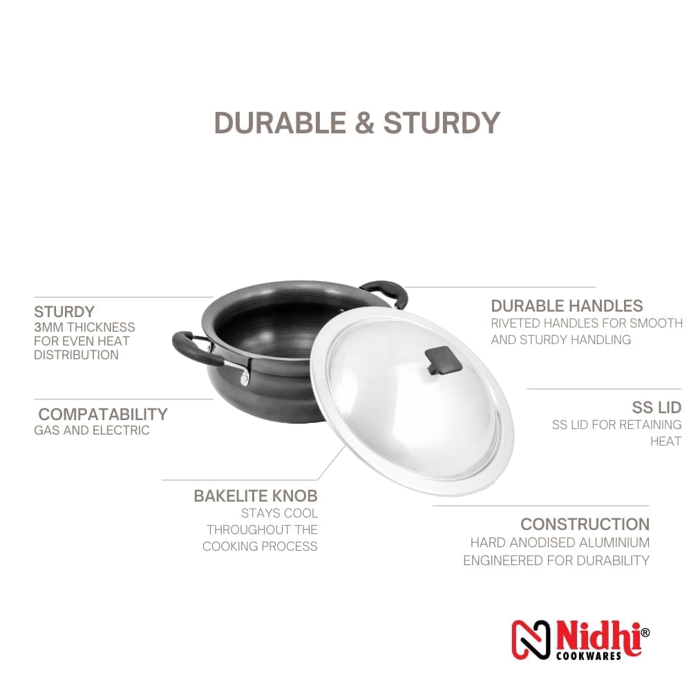 Nidhi Hard ANODISED Handi with SS LID I 3.6 LTR I 3MM (Non-Toxic, Non Reactive/Black) Thickness