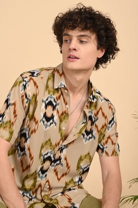 Cream Print Half-Sleeve Shirt-S