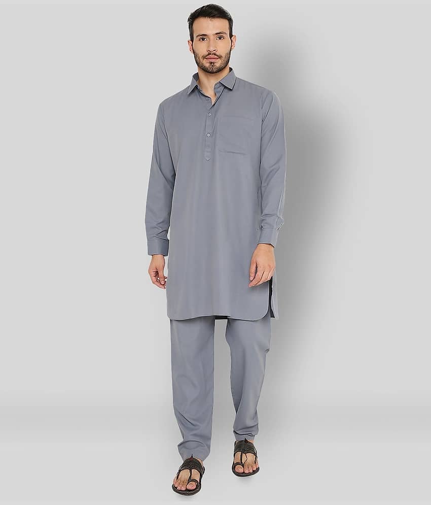 Maharaja Medium Grey Polyester Blend Kurta Pyjama Set
