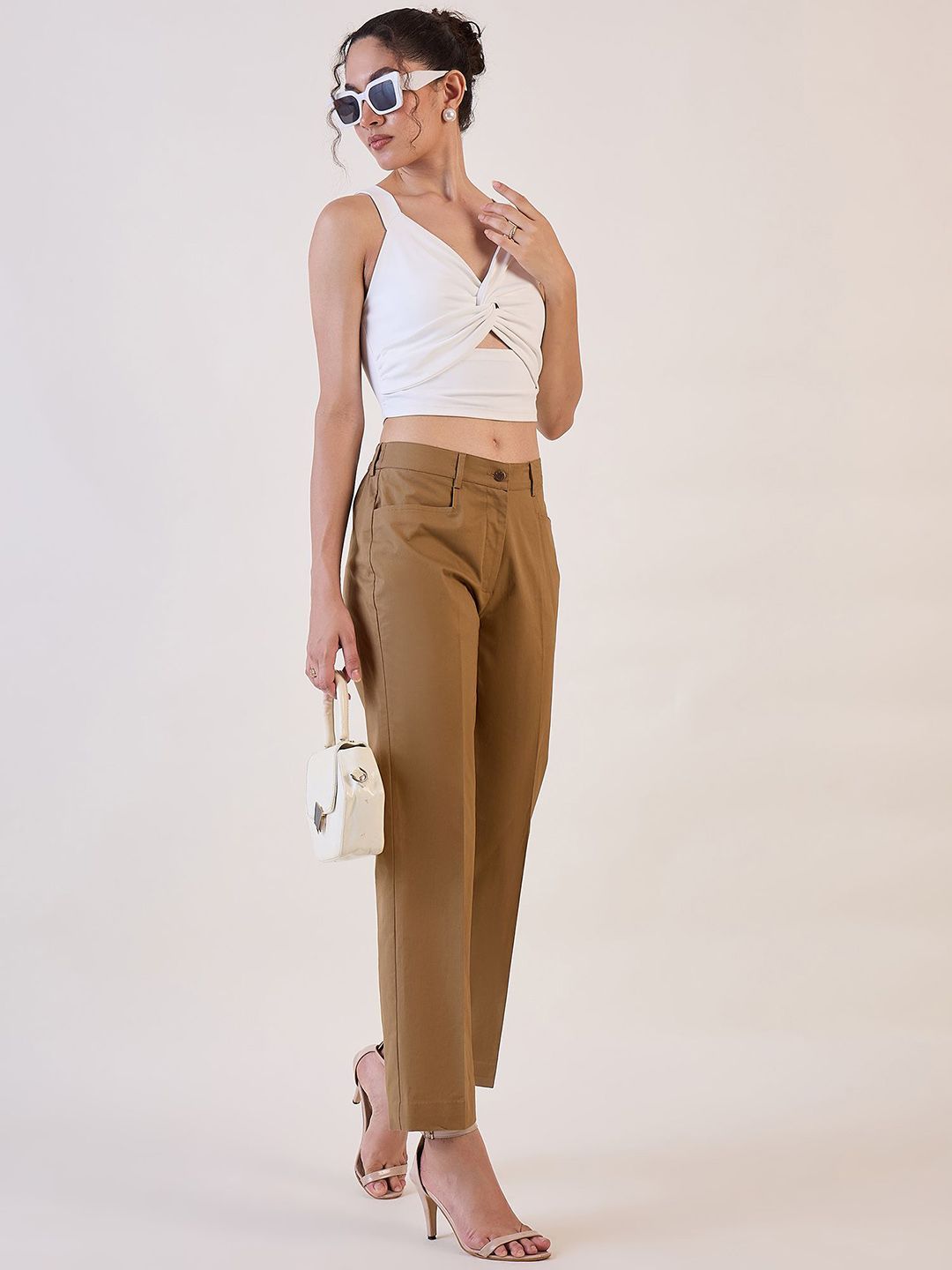 Brown Straight Fit Mid Waist Trouser-XS