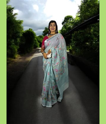 VTEXX Linen Printed Regular Saree With Unstitched Blouse Piece ( Aqua Blue )