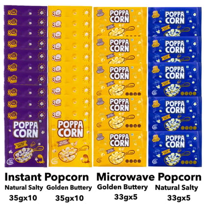 POPPACORN 35gx10 Pouches Natural Salty, 35gx10 Pouches Golden Buttery Instant Popcorn & 33gX5 Pouches Natural Salty, 33gX5 Pouches Golden Buttery Microwave Popcorn Pack of 30 (1030gm)