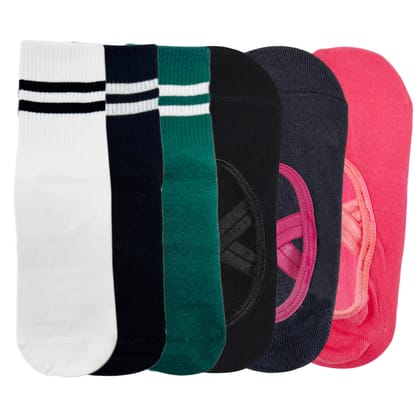 Yoga and Pilates Non-Slip Socks for Women - Set of 6 ( White, Black, Bottle Green, Black, Grey, Peach)