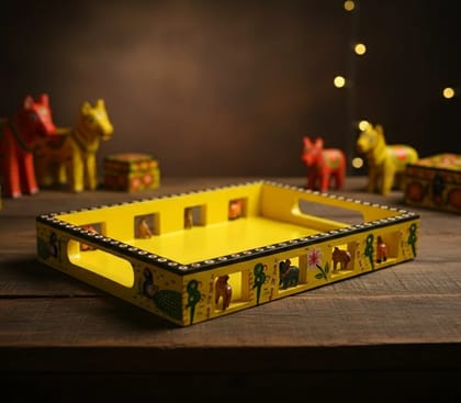Icrafts Home Décor Exclusive Handmade Wooden Yellow Tray – Single Piece (L: 33.02 cm × B: 25.4 cm × H: 10.16 cm, Weight: 750 g)