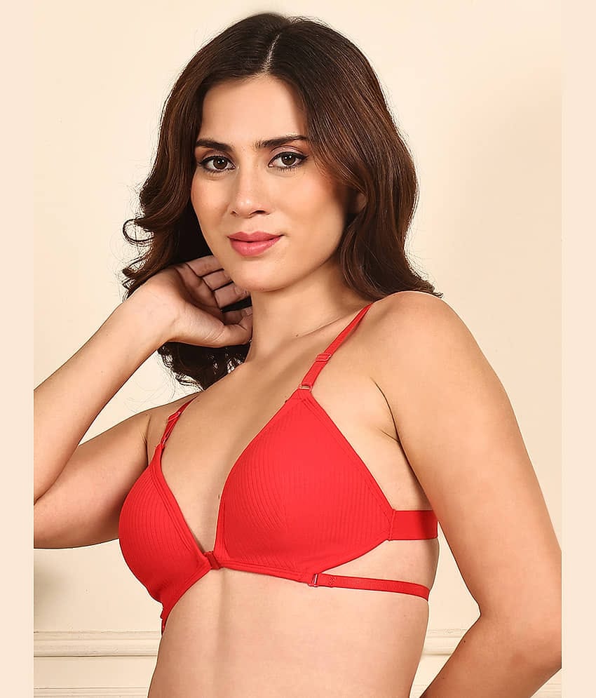 PrettyCat Pack of 1 Cotton Lightly Padded Plunge Bra For Women ( Red )