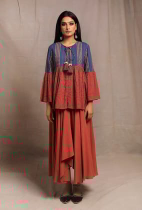 Brick-Cobalt Front Open Printed Kedia-XS