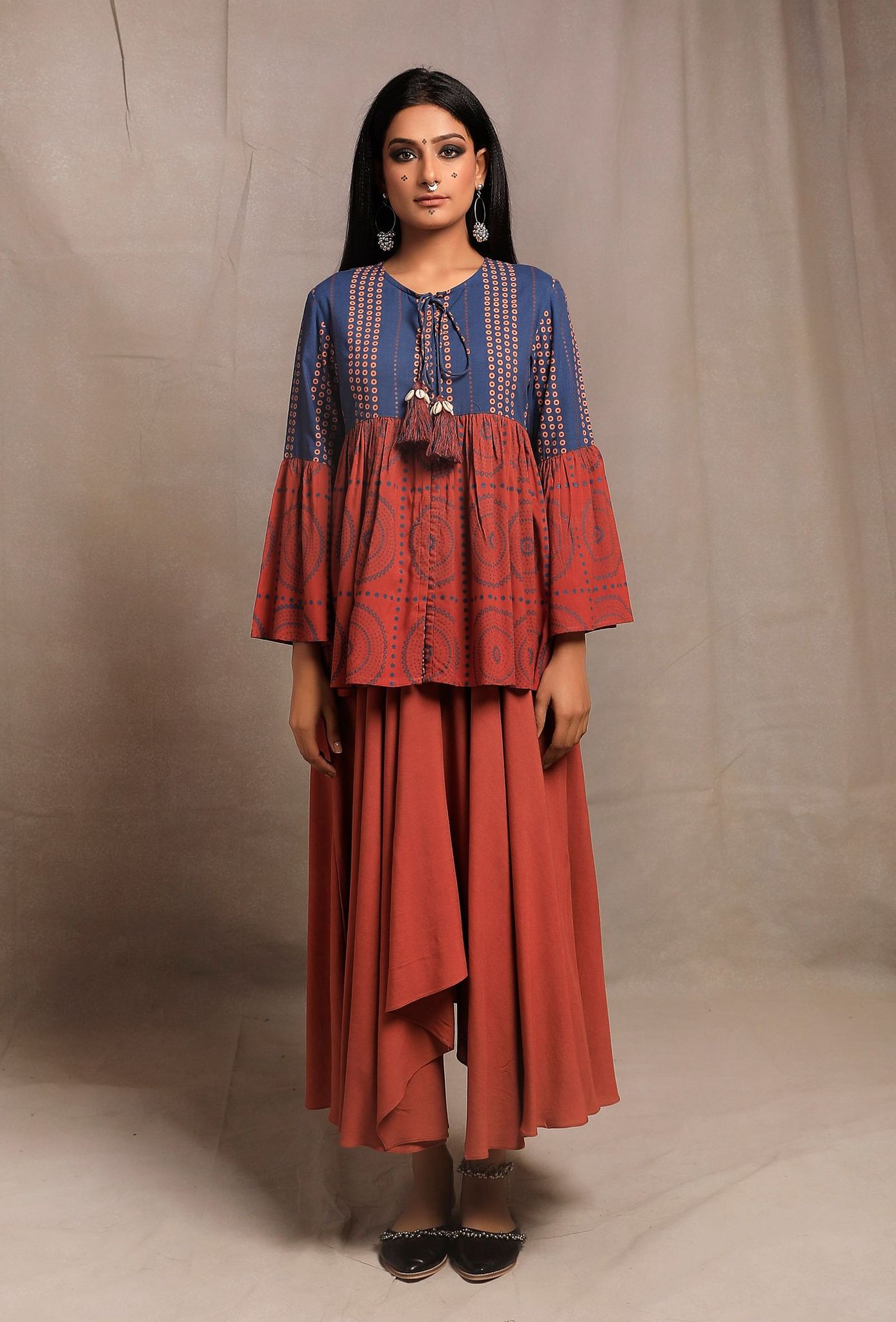 Brick-Cobalt Front Open Printed Kedia-XS