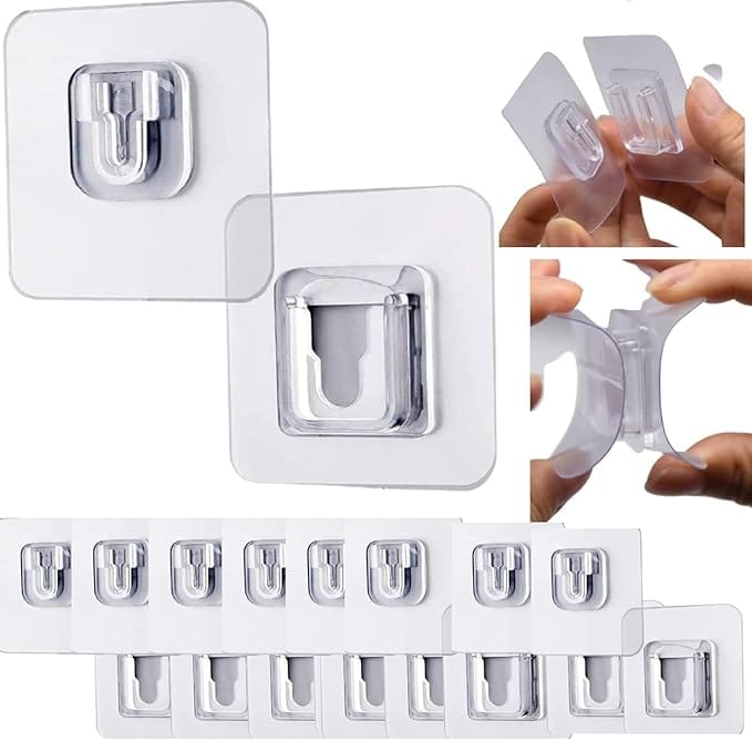 JIALTO 20 Pcs Double-Sided Heavy Duty Adhesive Wall Hooks- Waterproof, Oil-Proof, Reusable, Damage-Free- Strong Self-Adhesive Hooks for Kitchen, Bathroom, Wall Hanging, Robes, Home Organizer