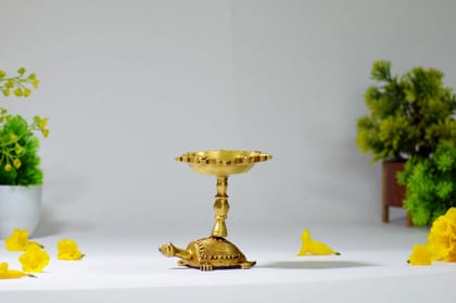 Brass Kuber Diya with Turtle Base (Color - Golden, Size - 4.25H * 4L * 4B) by Snova Enterprises