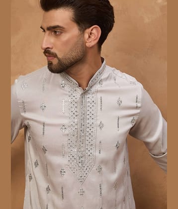 Ethnic Bay Blended Embroidered Regular Kurta For Men ( Grey )