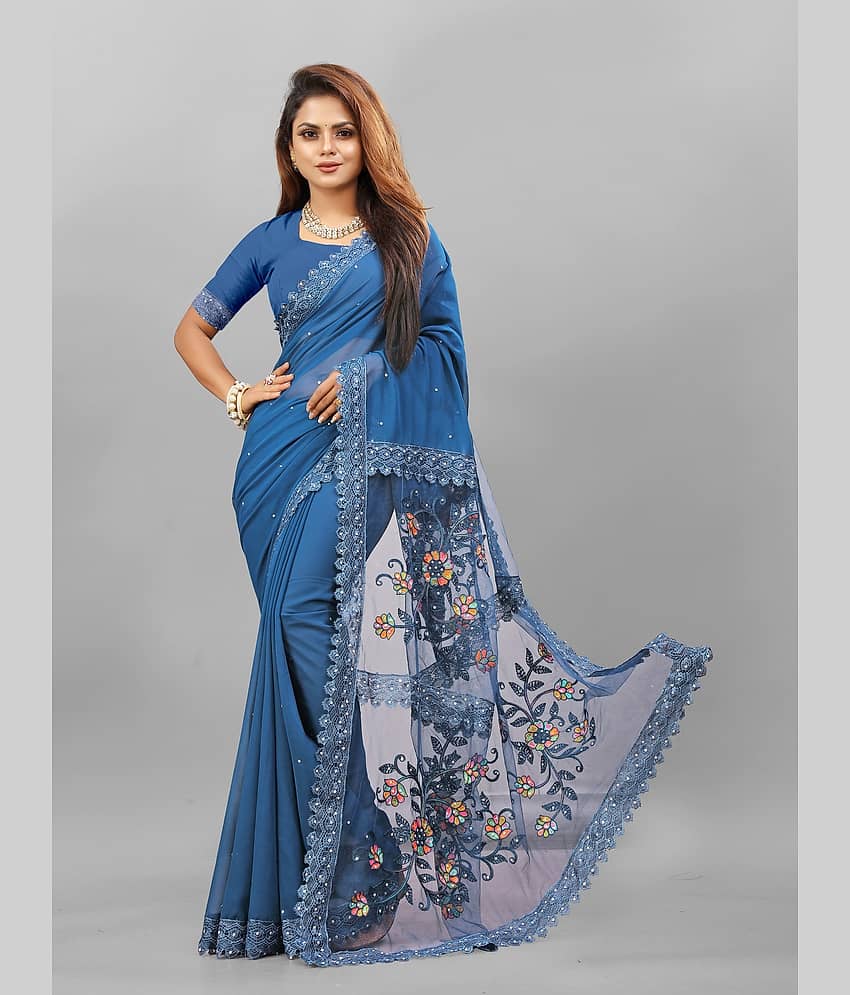 Aika Satin Embroidered Saree With Unstitched Blouse Piece ( Blue )