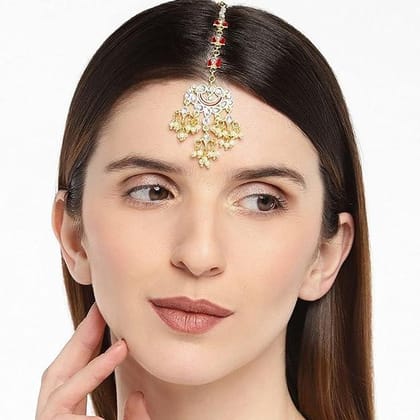 Gold-Plated White  Red Kundan-Studded  Beaded Meenakari Maan