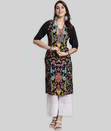 7Threads Crepe Printed Straight Women's Kurti - Black ( Pack of 1 )