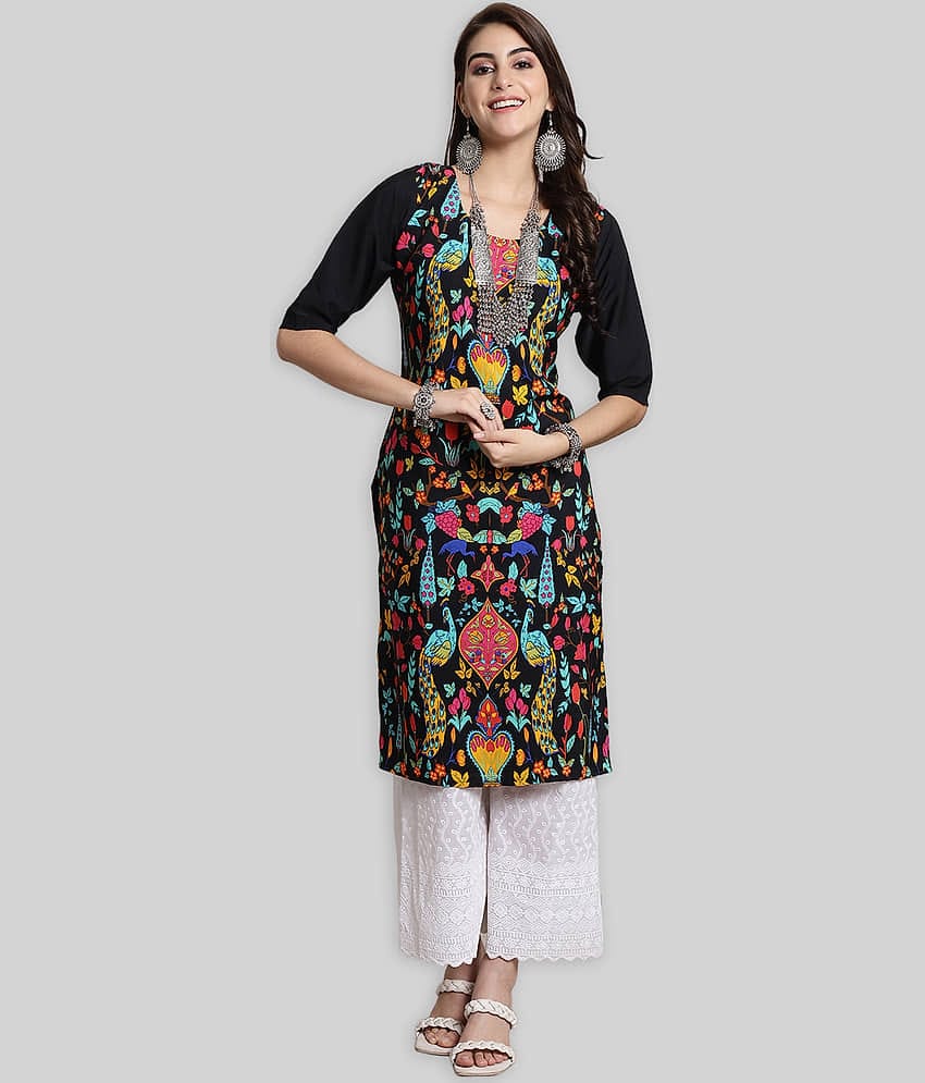 7Threads Crepe Printed Straight Women's Kurti - Black ( Pack of 1 )