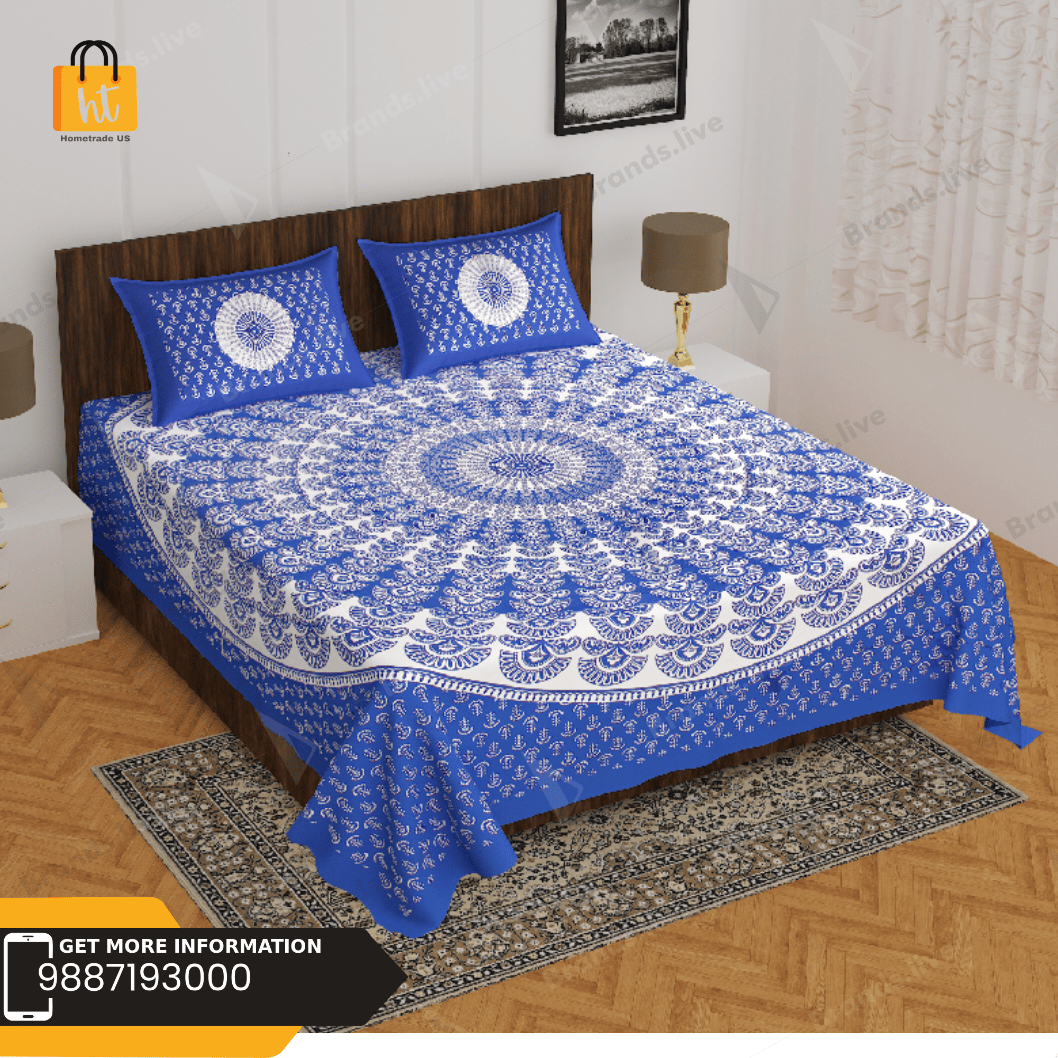 3001-Hometrade India-Standard King Size (90*108 Inches)-Buy Pure Cotton Jaipuri Printed Flat King Size Double Bedsheet With 2 Matching Pillow Cover