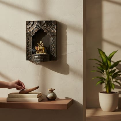 BAANMATA INTERNATIONAL Handicraft Carved Pooja-Stand Jharokha, Wall Hanging God-Statue Stand,Wooden Wall-Jharokha in Blue-Background, Pooja-Room Decors Jharokha