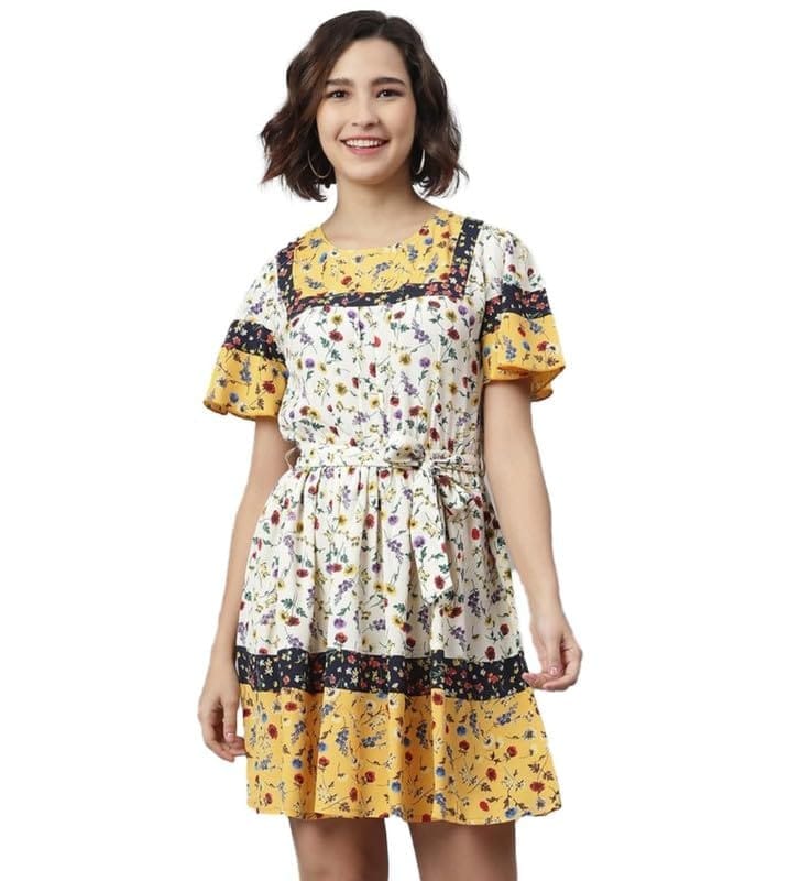 Women's Polyester Floral Flutter Above Knee Dress (Multicolor, M)-PID55790