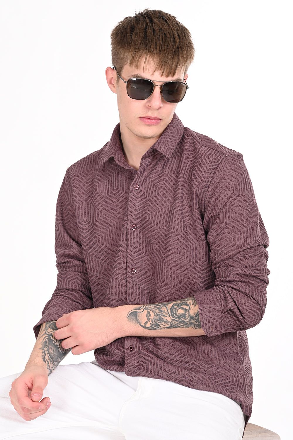 Rose Gold Textured Regular Fit Shirt-S