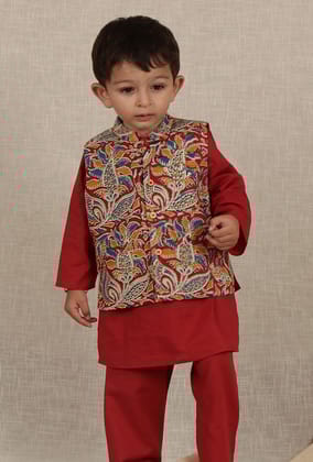 Ayan Maroon Red Kalamkari Printed Cotton Nehru Jacket-0-3M