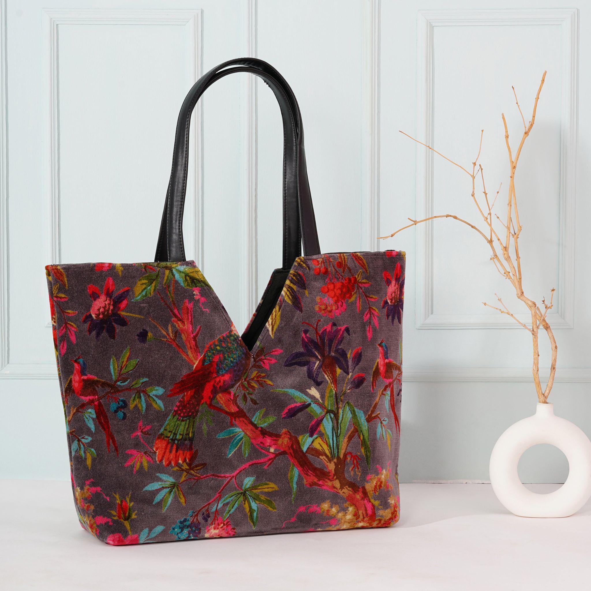 Birds of Paradise V Cut Velvet Hand Bag- Grey