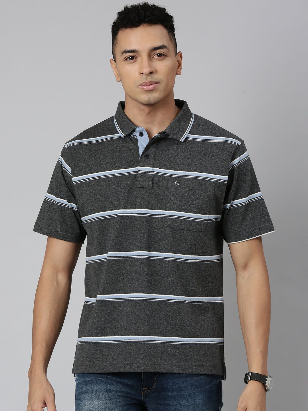 Classic Polo Men's Polo Neck Cotton Navy/Grey Authentic Fit Striped T-Shirt | MEL-254 B AF P
