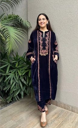Designer Embroidery work Velvet Kurti Pant Set (Ready to wear)-M(38)