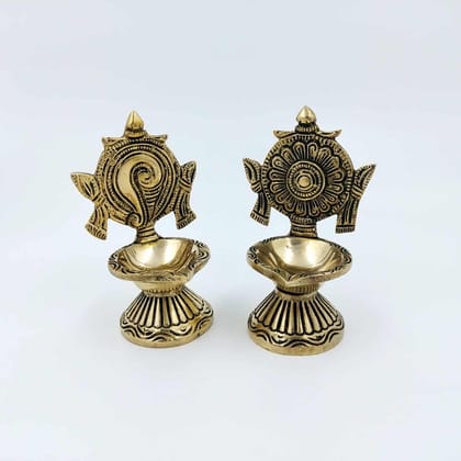 Brass Shankh chakra Diya Set - 4.3 inch Height | Exclusive Offer